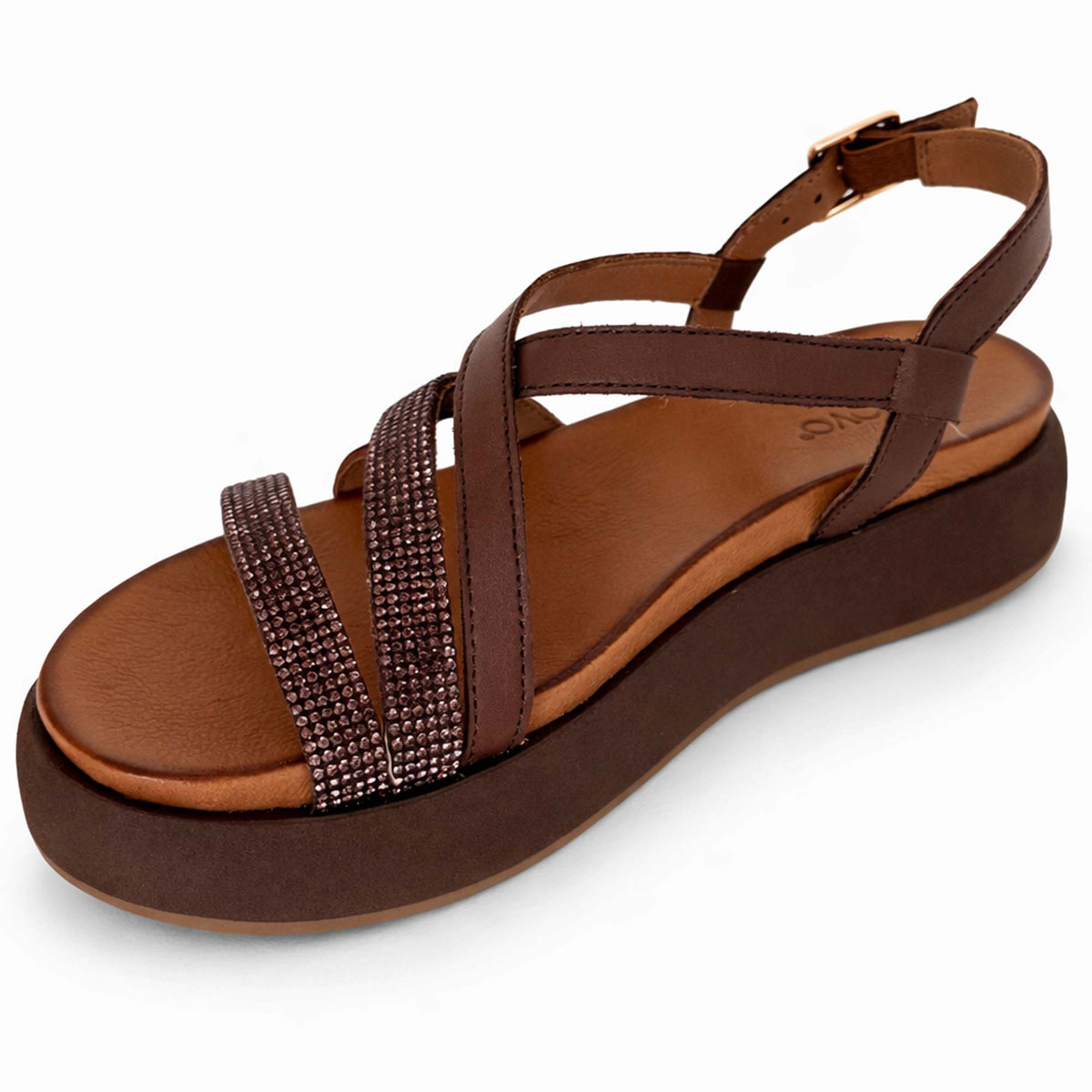 Sandali INUOVO Donna Zeppa con Strass Praline A96051, In Pelle Marrone