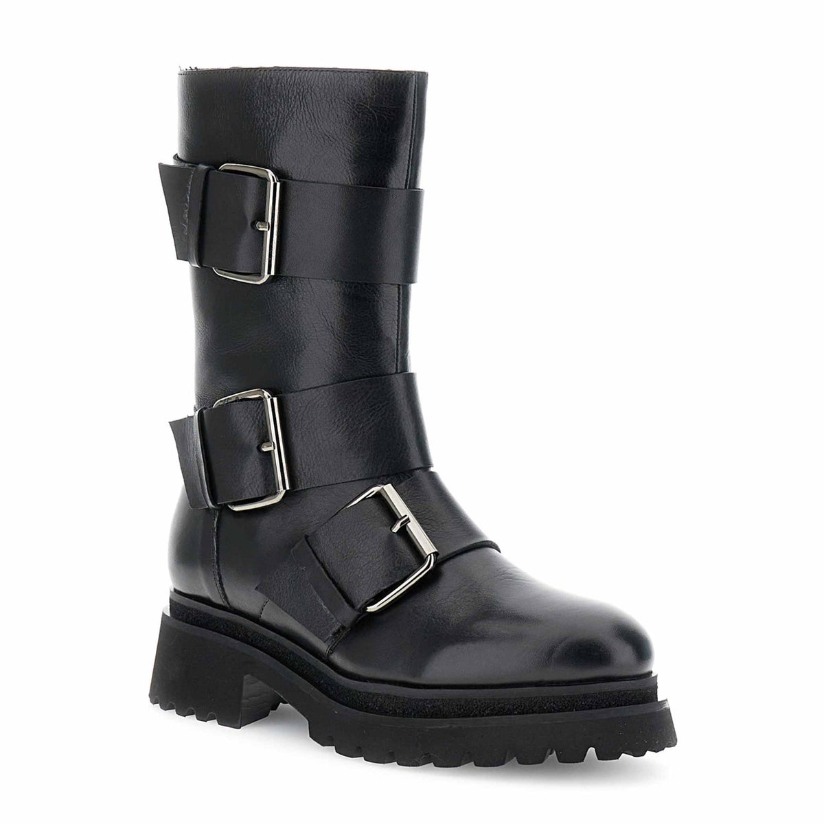 Stivali donna CafèNoir FD1004 in pelle nera con maxi fibbie decorative - immagine 2